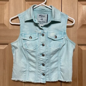 Silver Jeans Co Denim Vest Small Raw Hem Washed Faded Turquoise Aqua Size S - Picture 1 of 8
