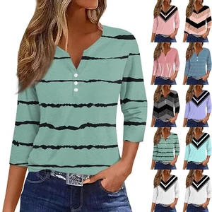 Women's Fashion Casual Three Quarter Sleeve T-Shirt Flower Print O-Neck Tops--US - Picture 1 of 41