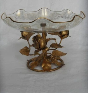 MCM Regency Gold Gilt Italian Tole Glass Pedestal Candy Dish Metal Floral Roses - Picture 1 of 13