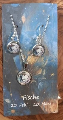 Cabochon Schmuckset Ohrringe Und Halskette Sternzeichen Fische - Bild 1 von 4