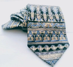 Dani Men's Silk Tie Handmade Geometric Horizontal Stripe Blue Black Silver Gold - Picture 1 of 10