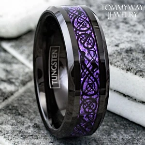 8mm Black Tungsten Carbide Purple Carbon Fiber Celtic Dragon Wedding Band Ring - Picture 1 of 12