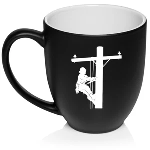 16 Unzen Bistro Keramik Kaffeebecher Tasse Lineman Elektrischer Pole Climber - Bild 1 von 12