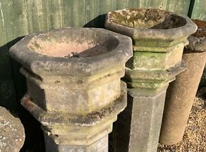 ANTIQUE NATURAL SAND STONE RARE PAIR FONTS / FLOWER PLANTERS ON STONE STANDS