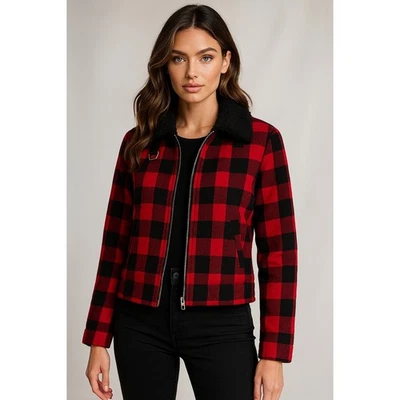 Rue21 Jacket Womens M Red Black Faux Fur Collar Buffalo Plaid Moto Biker Cropped - Image 1 of 4