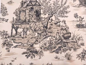 Vtg Textile Arts Classic Toile Cotton Canvas Fabric Cream & Black English Countr - Picture 1 of 14