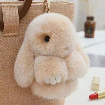 Adorable Fur Bunny Fluffy Rabbit Plush Toy Keyring Bag Charm Pendant Keychain - Image 1 of 4