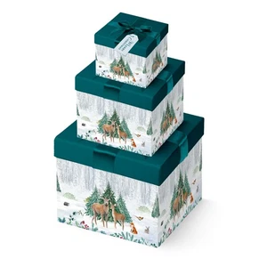 Weihnachtsgeschenkboxen 3er Pack Abhebedeckel mit Band 12cm 14cm 16cm - Woodland  - Bild 1 von 3