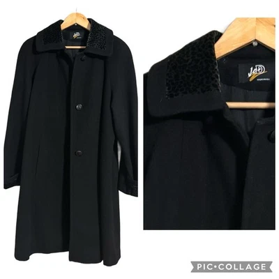 Abrigo Vintage JAD Elegante 100% Lana Negro con Puños y Cuello Estampado Animal Talla L Foto 1 de 4