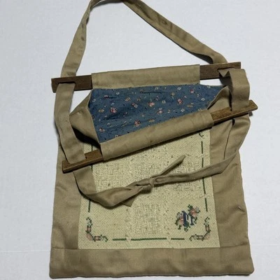Vintage Purse Handmade Needlepoint Tote Bag Tan Quit Prairie Wooden Cottagecore - Image 1 of 4