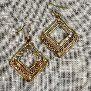 Anju Mixed Metal Tri-Tone Square Brutalist Dangle Hook Earrings Pierced Vintage - Picture 1 of 7