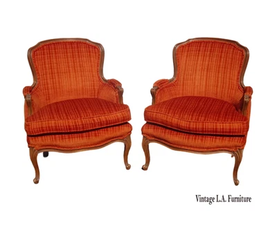Pair of French Louis XV Red Orangish Bergere Side Chairs w Down Cushions - Image 1 of 4