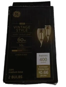GE Vintage Style LED Warm Candle Dimmable 60w Amber  400 Lumens 2 Bulbs MED base - Picture 1 of 3