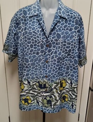 Ocean Current 夏威夷衬衫复古原装蓝色黄色花卉男式 L 码 — 第 1/4 张图片