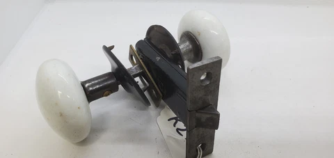 Antique Cast Iron Mortise Lock Set Passage White Porcelain Knobs Complete  K27 Cover