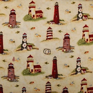 BonEful Fabric FQ Cotton Quilt American USA Beach Lighthouse Seagull Bird Ocean - Picture 1 of 8