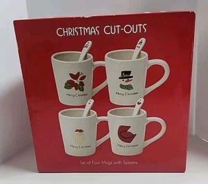 Oneida Christmas Cut-Outs 4 Mugs with Spoons Sue Zulauf Earthenware New In Box - Picture 1 of 14