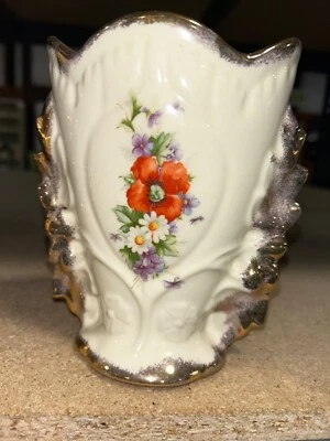 Jarrón vintage MCM de cerámica naranja floral ornamentado dorado 6,25 pulgadas Foto 1 de 4