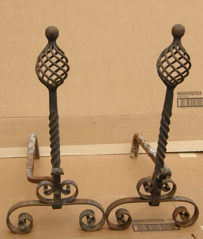 PR ANTIQUE ARTS & CRAFTS ERA WROUGHT IRON ANDIRONS SPIRAL TWIST BIRDCAGE 25" HI Cover