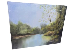 Original Art Painting Canvas Landscape Arkansas River Woods Soft Colors 11x14" - Picture 1 of 9