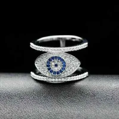 2 Ct Round Simulated Blue Sapphire Evil Eye Wedding Ring 14k White Gold Plated - Image 1 of 4