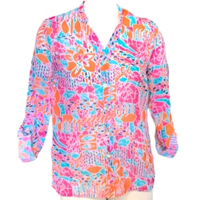 Choices Colorful Mesh-Linen Blend Button Front Roll Tab Top Sz S 102A - Picture 1 of 10
