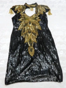 1990er Vintage Vanna White Original Perlen Pailletten Kleid Gr. M Gold & Schwarz Perlen - Bild 1 von 23