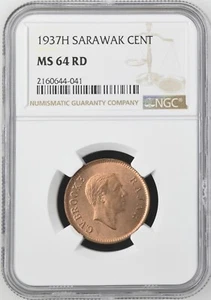 1937-H Sarawak (British Malaysia) 1 Cent Charles V. Brooke Rajah NGC MS64 RD - Picture 1 of 2