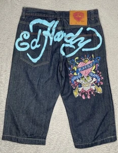 Vintage Y2K Ed Hardy “Kills Love Slowly” Denim Jean Shorts Mens 34 Skater HEMMED - Picture 1 of 12