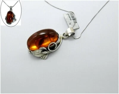 Ciondolo pietra di ARGENTO 925 in AMBRA Fossile pendente e catenina da donna con - Immagine 1 di 3