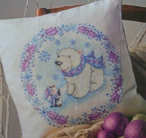 CHRISTMAS SNOWY SCENE POLAR BEAR & PENGUIN SAMPLER/CUSHION CROSS STITCH CHART - Picture 1 of 1