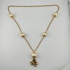 30” Vintage Gold Tone Glass Faux Pearl Station Filigree Chacha Dangle Necklace