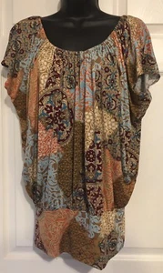 Lipstick brand ruched top blouse elastic neckline multi colored batwing sleeves - Picture 1 of 6