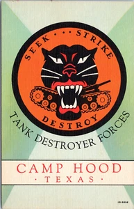 Tanker Destroyer Forces Camp Hood Texas- 1943 postal de lino buscar ataque destruir - Imagen 1 de 2