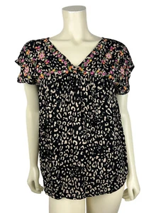 NEW Savanna Jane Embroidered Top Size S Vneck Leopard Print Black Boho Peasant - Picture 1 of 11
