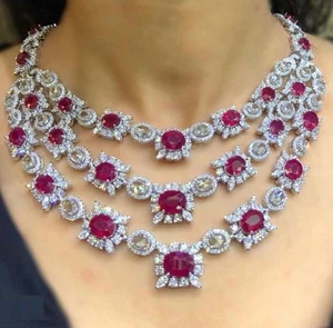 Ovalschliff Rosa Burma Rubin Dreilagig Halskette Statement Hochzeit Schmuck - Bild 1 von 6