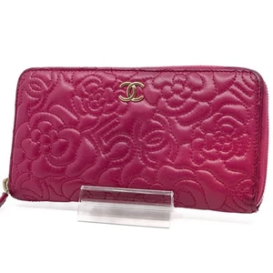 CHANEL Camellia Coco Mark Zip Long Wallet Pink Lamb Skin Leather Authentic - Picture 1 of 10