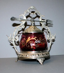 Antique Victorian Pickle Castor – Three Legged Holder and Cranberry Insert - Picture 1 of 7