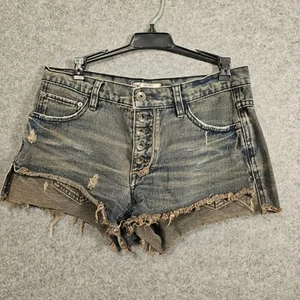 Free People Distressed ausgefranster roher Saum Fransen Knopfleiste blaue Jeansshorts Denim - Bild 1 von 10