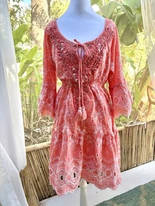Großes Beatnik Philosophy Kleid Koralle Boho bestickt Baumwolle Perlen - Bild 1 von 18