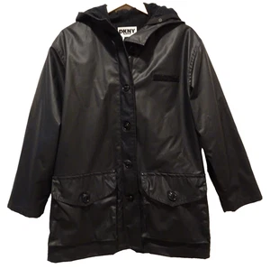 L Vtg 90s DKNY Black PVC Rubber Y2K Futurism Cyberpunk Techwear Raincoat Jacket - Picture 1 of 13