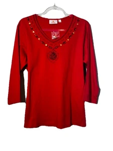 Quacker Factory Größe L rot Perlen Schmuck Tunika Top 3/4 Ärmel V-Ausschnitt Glitzer Neu mit Etikett - Bild 1 von 10