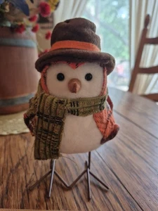 Fall Fabric 7"×4"×6" Bird Brown Top Hat Green Scarf Orange&Brown Plaid Vest EUC - Picture 1 of 17