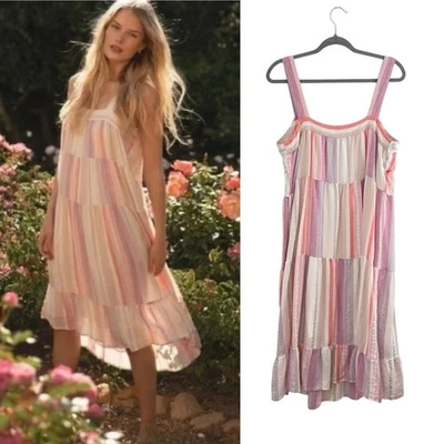 Rails Amaya Tiered Midi Dress Juliette Stripe Pastel Rainbow Linen Blend Size L - Image 1 of 4