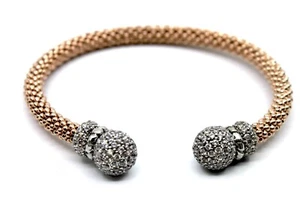 Sterling Silver Sparkling Mesh Cuff Bracelet Rose Gold Tone CZ Embellished - Picture 1 of 6