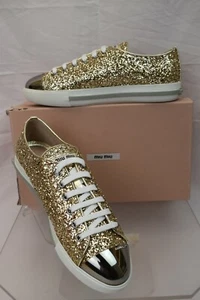 NIB MIU MIU PRADA 5E8998 GOLD PIRITE GLITTER METAL CAP TOE LOGO SNEAKERS 40.5 - Picture 1 of 12