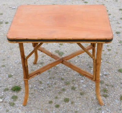 -JOLIE PETITE TABLE PIEDS ROTIN PLATEAU BOIS VINTAGE COLLECTION déco XXe D - Photo 1/4