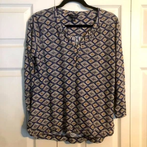 Top LUCKY BRAND piccolo cotone lino blu marrone bianco manica lunga Popover usato in ottime condizioni  - Foto 1 di 8