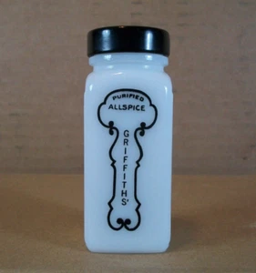 Vintage Griffith's Milchglas Gewürzglas ~ schwarzer Deckel ~ Piment ~ 3,5" hoch - Bild 1 von 8