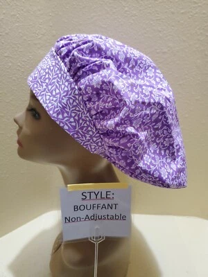 Hibiscus Flowers Purple Bouffant Surgical Scrub Hat/Cap Handmade - Image 1 of 4